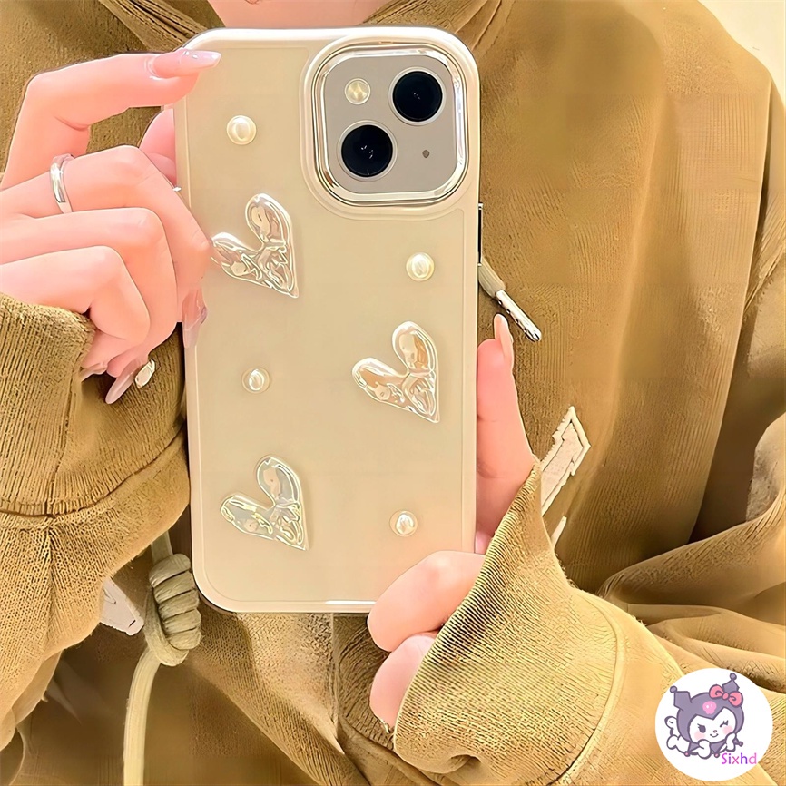 Compatible For iPhone 14 13 12 11 Pro Max SE2020 X Xr Xs Max 8 7 6 6s Plus Fashion  3D Love Heart Cream Pearl Metal Buttons Shockproof Phone Case Soft Cover