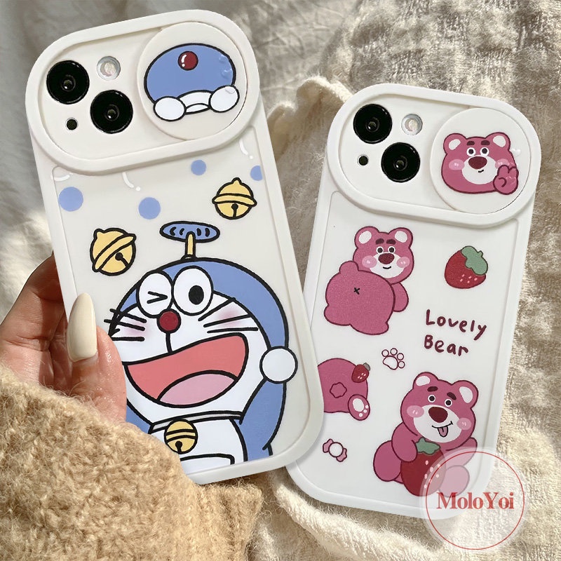 Push Pull Window Lovely Doraemon Funny Dinosaur Camera Lens Protector Case Compatible for IPhone 7Plus XR X XS Max 11 13 12 Pro Max 8Plus Strawberry Bear Lotso Cartoon Cover