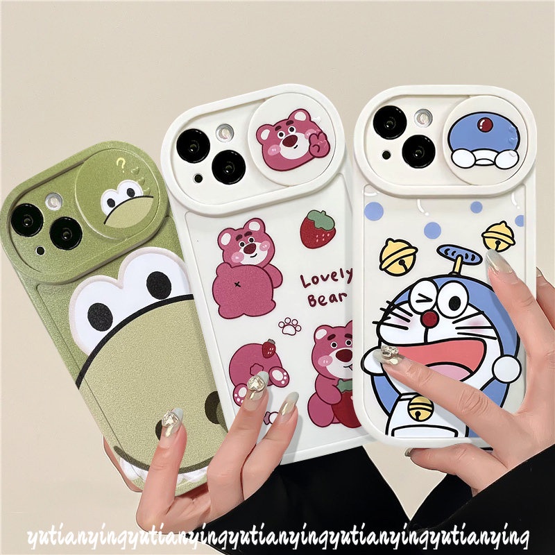 Strawberry Bear Lotso Cartoon Funny Dinosaur Camera Lens Protector Case Compatible for IPhone XR XS X Max 11 13 12 Pro Max 7Plus 8Plus Push Pull Window Lovely Doraemon Cover