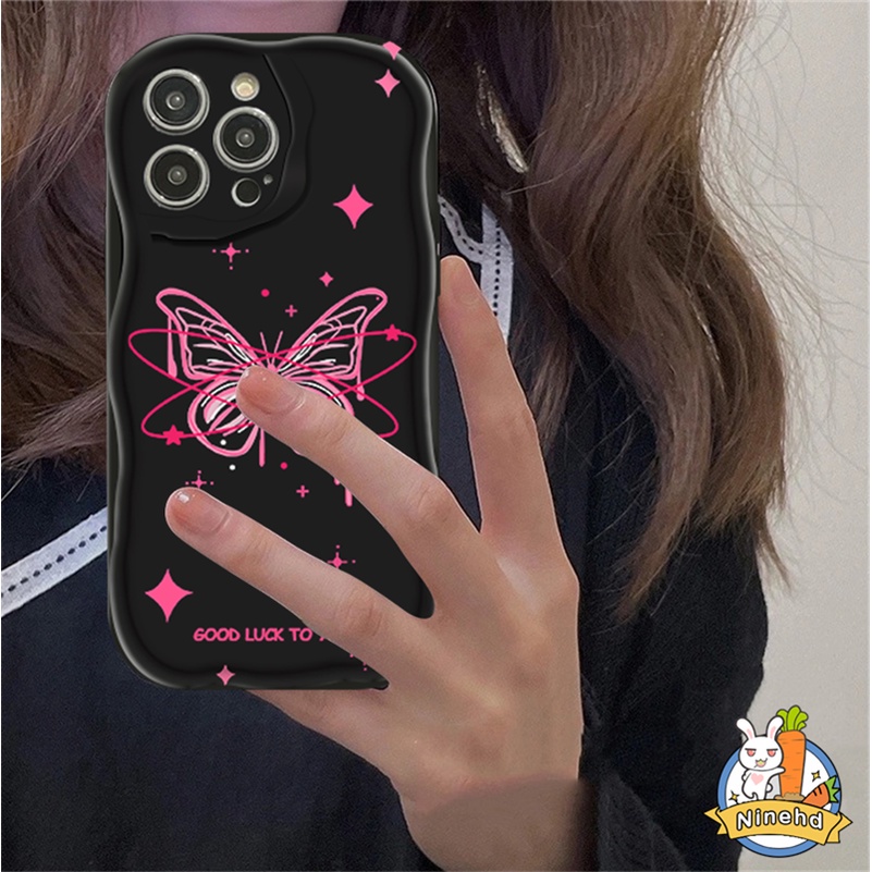 IPHONE Ins Manis Keren Pink Kupu-Kupu Hitam Terang Casing Ponsel Kompatibel Untuk Iphone14 13 12 11 Pro Max X Xr Xs Max8 7 6 6s Plus SE 2020 Bumper Shockproof Tepi Melengkung Lembut Tpu Penutup Belakang