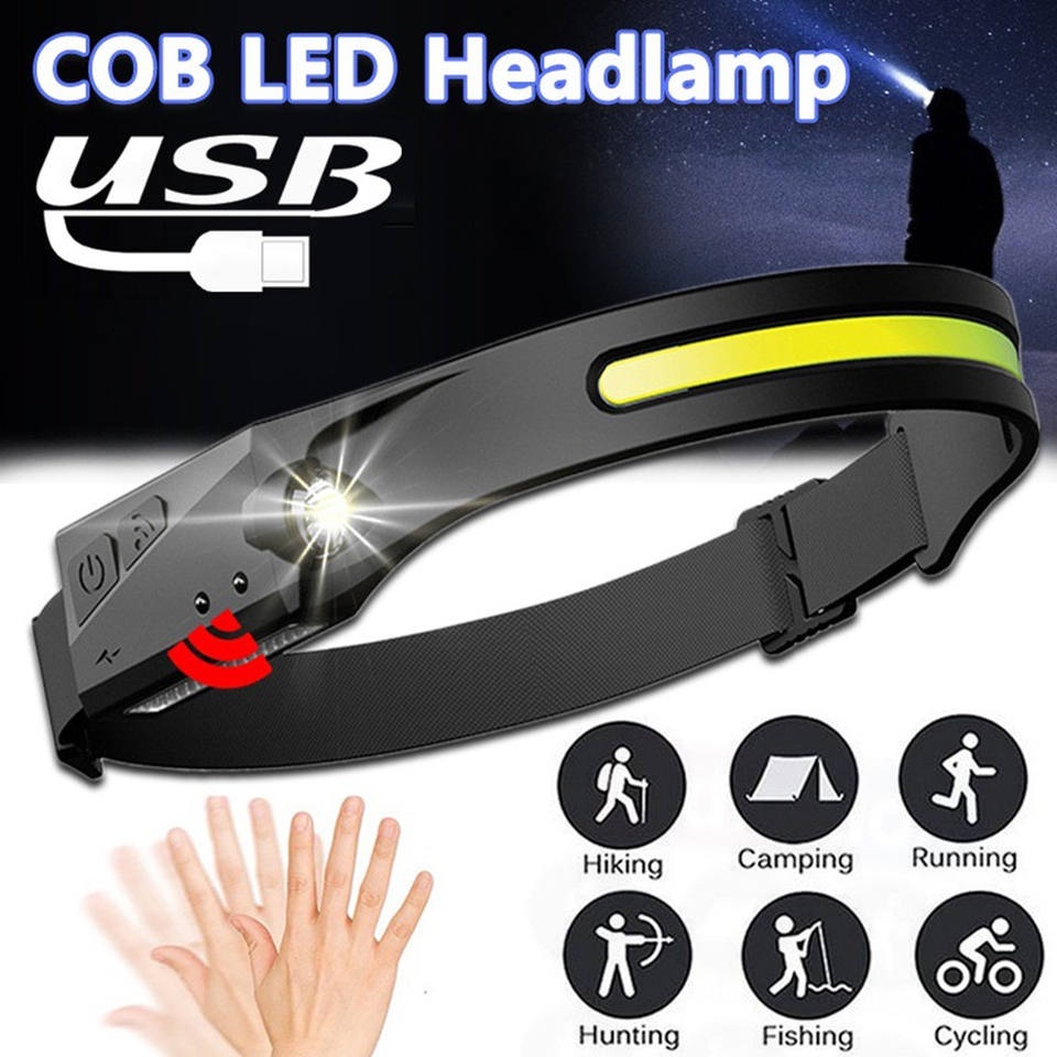 Senter Kepala T-300 Headligth Headlamp Flashlight Sensor 5 Mode USB LED XPE+COB Rechargeable Waterproof IPX4