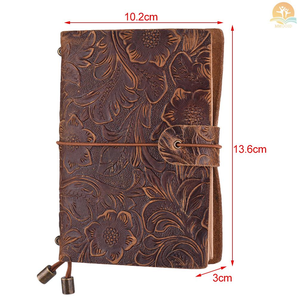 In Stock Vintage Full Grain Leather Refillable Travel Journal Notebook Diary Motif Bunga Timbul Harian Notepad Cover Dengan Tali Elastis Untuk Pria &amp; Wanita Hadiah