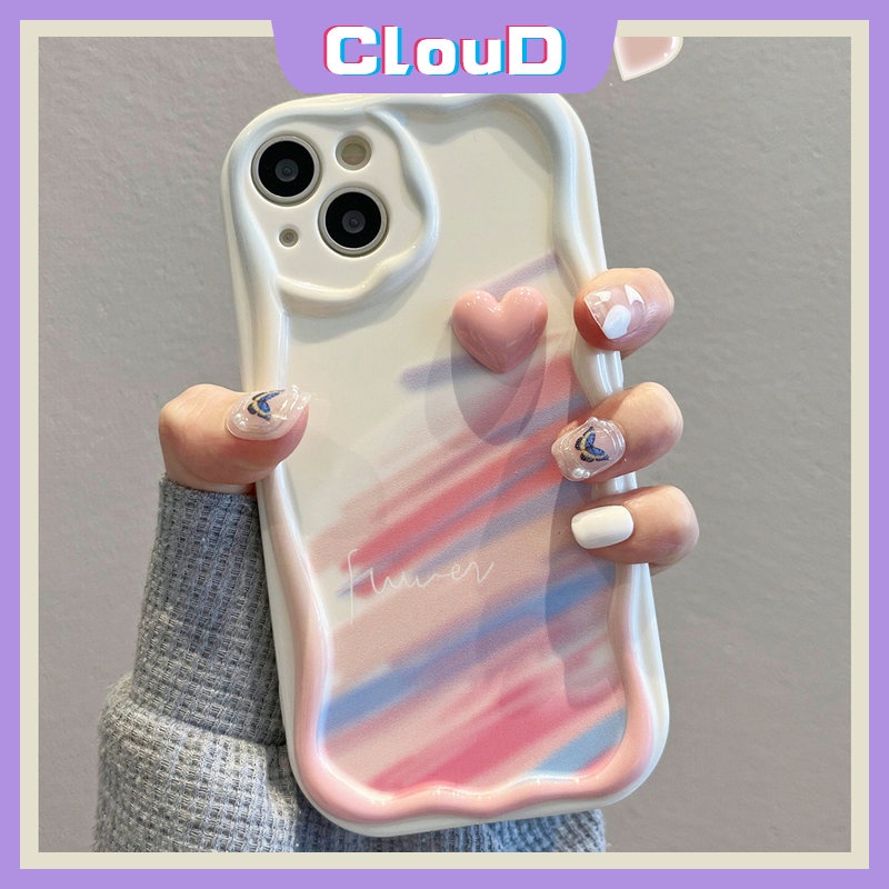 Case Tepi Melengkung Bergelombang Stereo 3D Kompatibel Untuk IPhone 7Plus XR X8 6 7 6s Plus XS Max SE 2020 11 13 14 12 Pro Max Love Heart Hand Strap Gelang Watercolor Graffiti Rainbow Cover