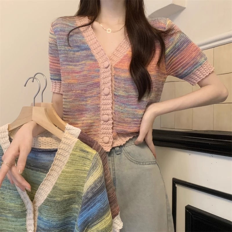 Tweed Blazer Cardigan Rajut Wanita Stripe Lengan Pendek Outer