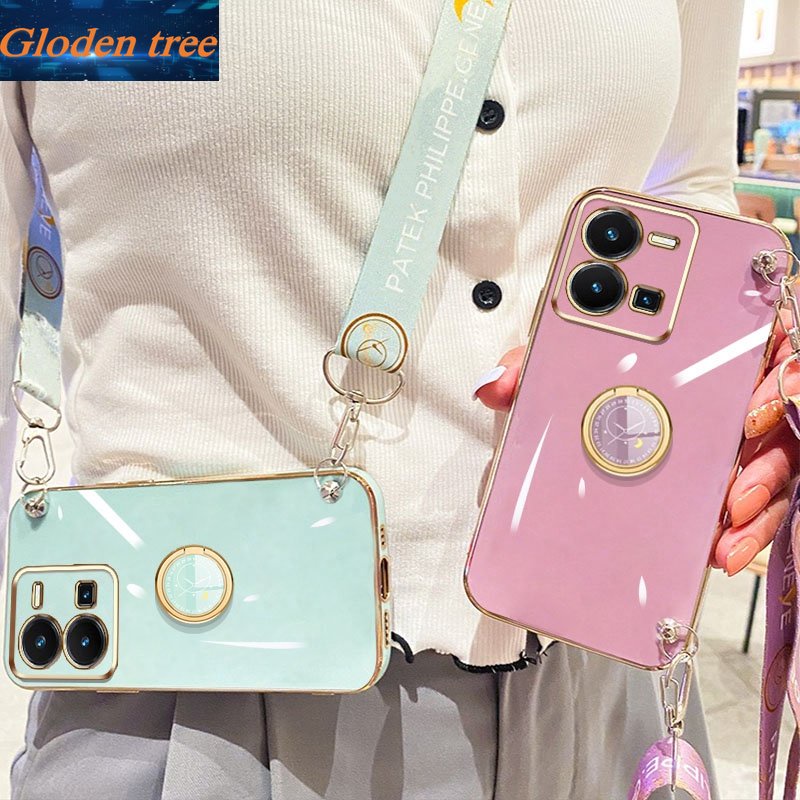 Gloden tree Phone Case Untuk Vivo Y35 Casing Original Dengan Lanyard Standand Jam