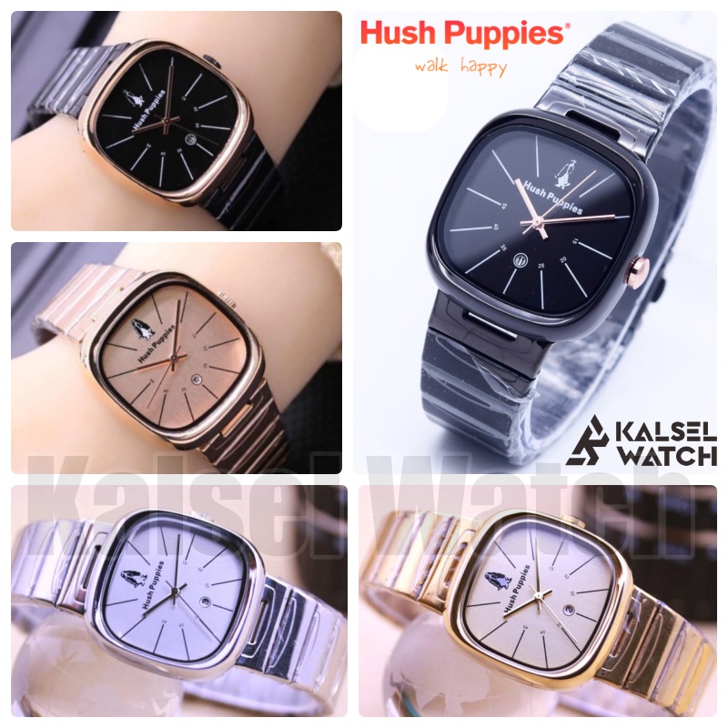 Jam Tangan Wanita Pria Fashion Rantai Hush Puppies Body Segi Full Stainless Tanggal Aktif/Jam Tangan
