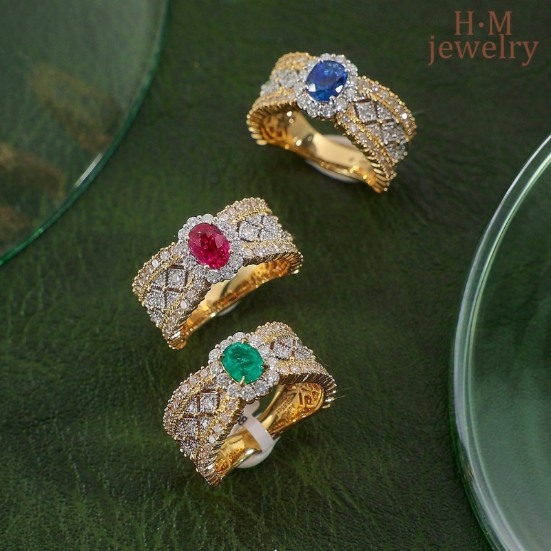 18k Emas Renda Cincin Fashion Zamrud Berwarna Permata Cincin Ruby Biru Berlian Ornamen