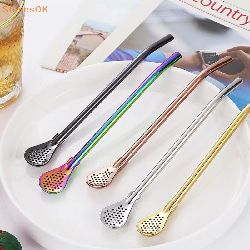 Batu Warna Warni304 Sedotan Minum Teh Stainless Steel Sendok Yerba Mate Tea Filter Reusable Metal Kitchen Bar Milk Tea Stirring Spoon ID
