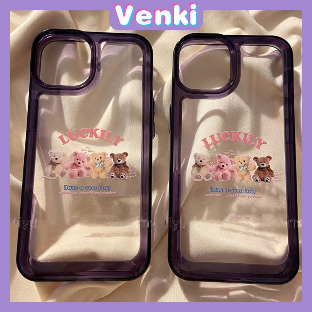 VENKI - Untuk iPhone 11 Case Clear Space Hard Acrylic Case Shockproof Protection Camera Purple Frame Cute Four Bears Kompatibel dengan iPhone 14 13 Pro Max iPhone 12 Pro Max XR 7 8Plus