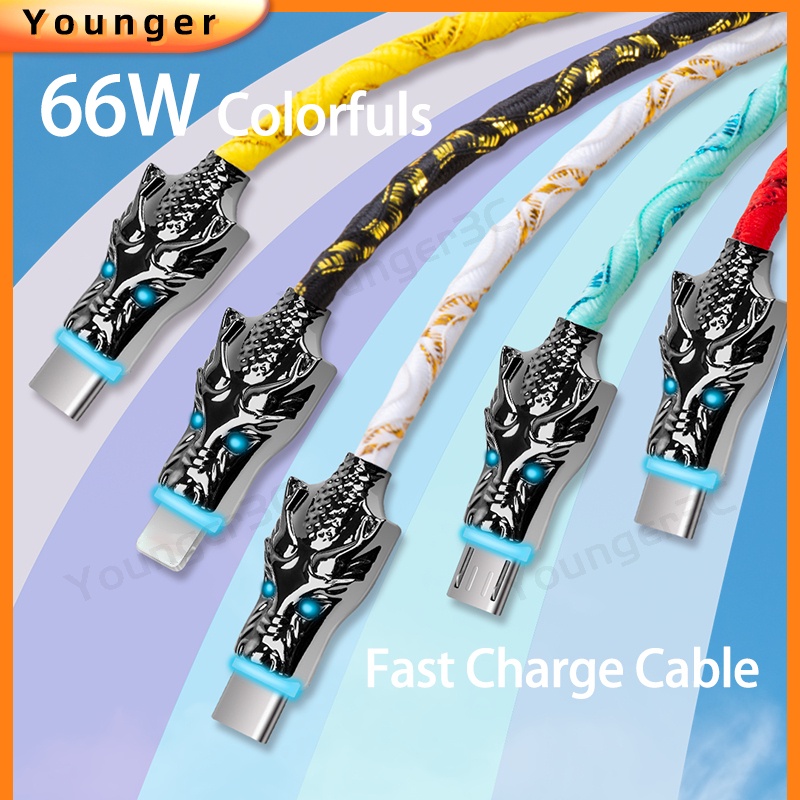 66w Zinc Alloy Dragon Charging Cable 5warna RGB Garis Kawat Super Cepat 5A USB Woven Braided Charging Cord