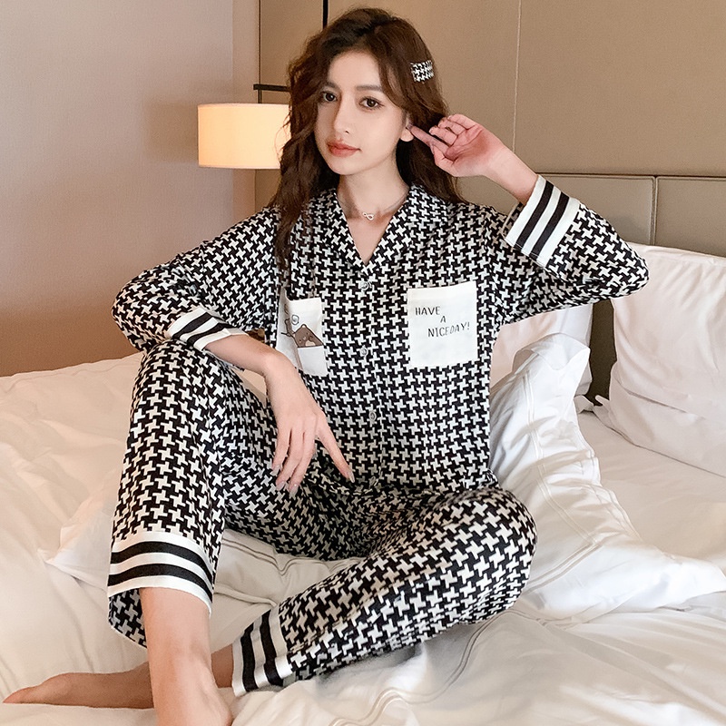 Setelan Baju Celana Tidur Piyama Wanita Cewek Dewasa Lengan Panjang Kotak Kotak Set Premium Import Murah Kekinian Y448 DFFG