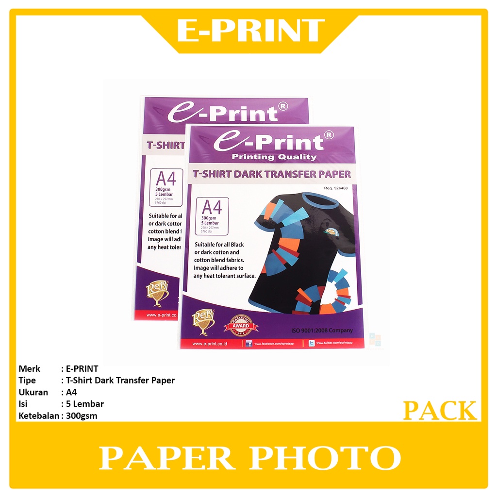 

E-PRINT - Paper Printing T-Shirt Dark Transfer Paper A4 300gsm - Pack