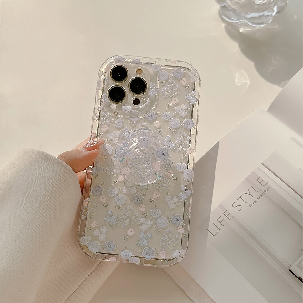 IPHONE Musim Panas Ungu Floral Transparan Pelindung Lensa Kamera TPU Phone Case Cover Dengan Tempat Bunga Untuk Iphone11 12 13 14 PLUS PRO MAX