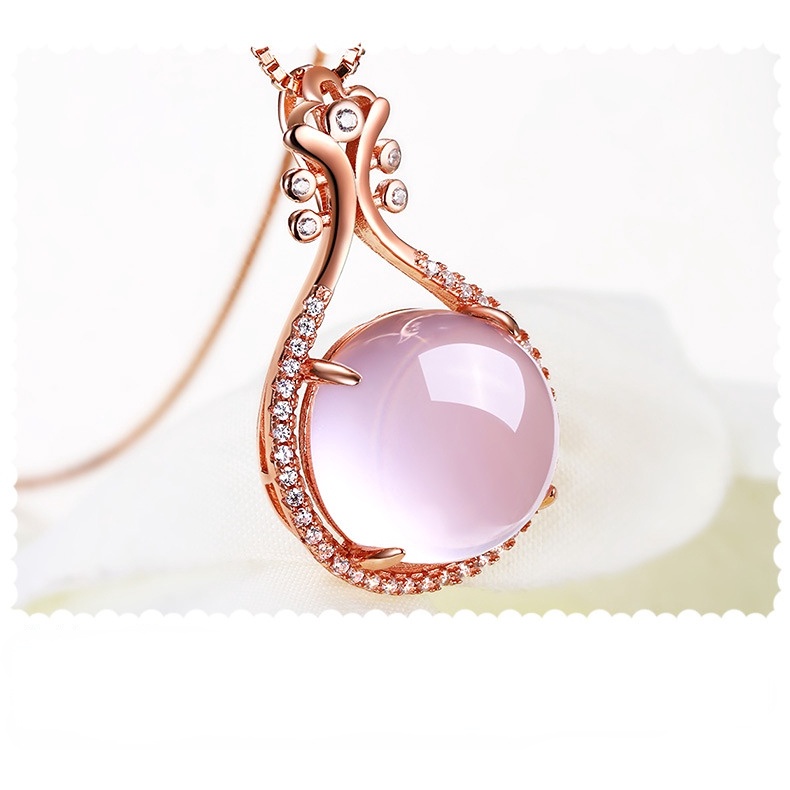 Goldkingdom Fashion Perhiasan Aksesoris Ready Stock Rose Gold Plated Kalung Wanita Rantai Klavikula Pink Pipa Kristal Liontin Lotus Batu Permata Sederhana Perak Ornamen