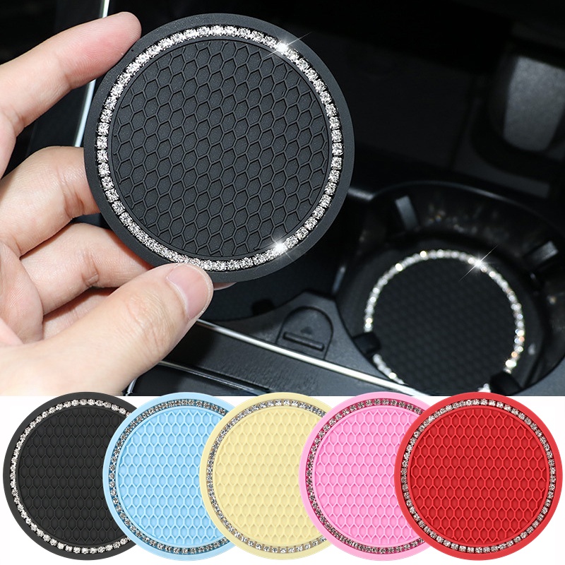 2pcs Mobil Putaran Grid Sarang Lebah Non-slip Air Cup Pad Berlian Imitasi Bling Dekorasi Karet Peredam Panas Tikar Auto Interior Aksesoris