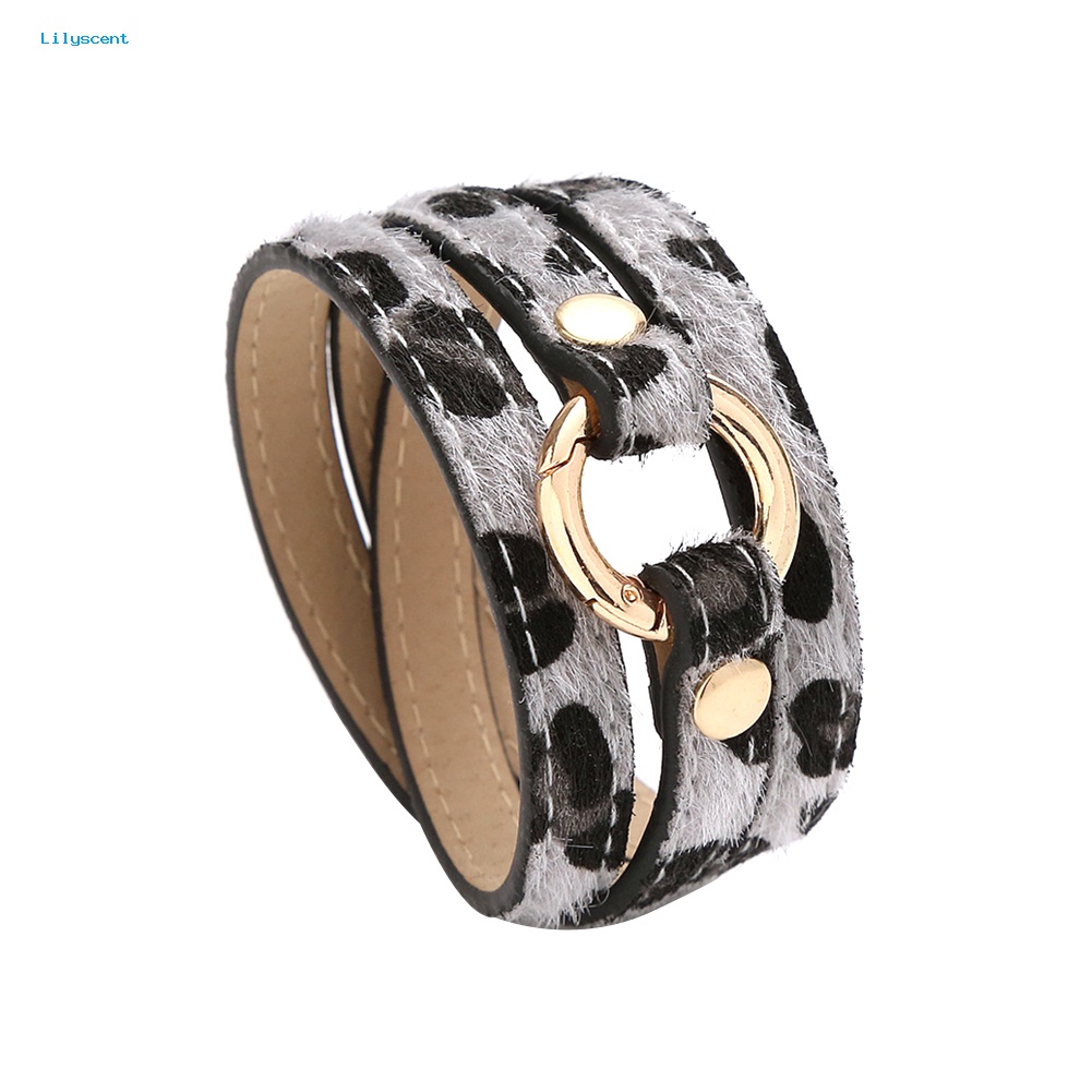 Lilyscent Wanita Multi-layer Berliku Leopard Cincin Panjang Kulit Imitasi Gelang Bangle Perhiasan