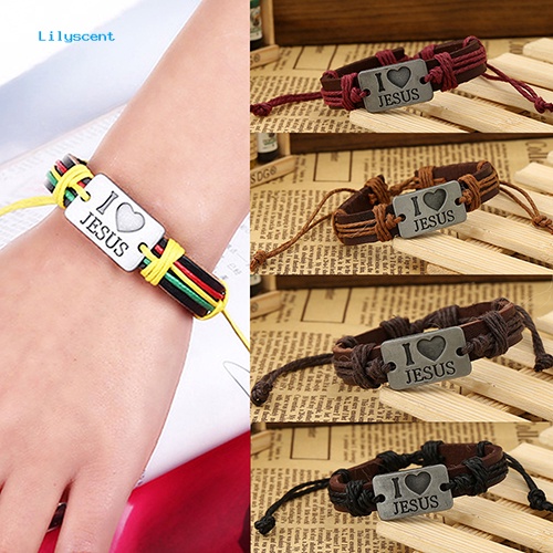 Lilyscent Unisex I LOVE JESUS Faux Leather Bangle Tali Rami Rantai Adjustable Bracelet