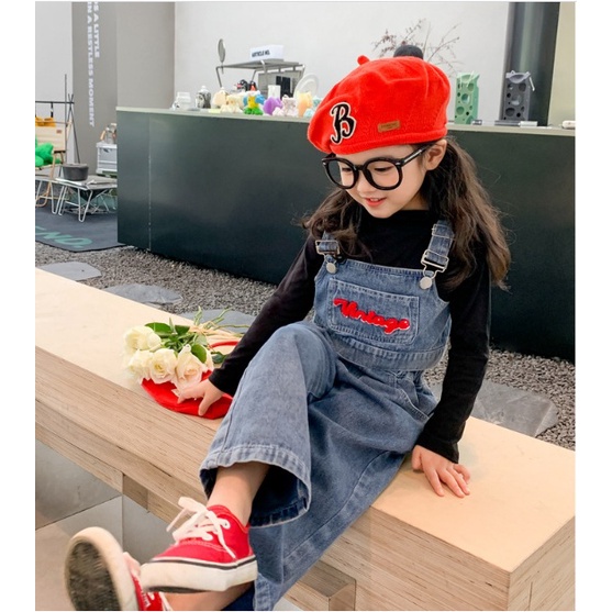 SET ANAK CEWEK ROMPI JEANS KULOT + CELANA ROMPI SET 3 IN 1 HITAM VINIAGE