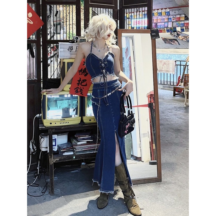 Setelan denim Amerika yang keren dan keren untuk wanita rompi halter bertali vintage rok fishtail te