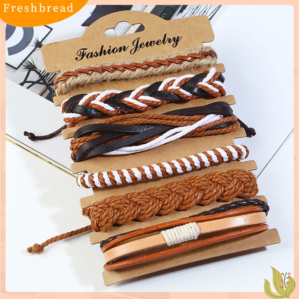 &lt; Freshbread &gt; 6Pcs Vintage Pria Dikepang Tali Kulit Imitasi Gelang Tangan Set Perhiasan Hadiah