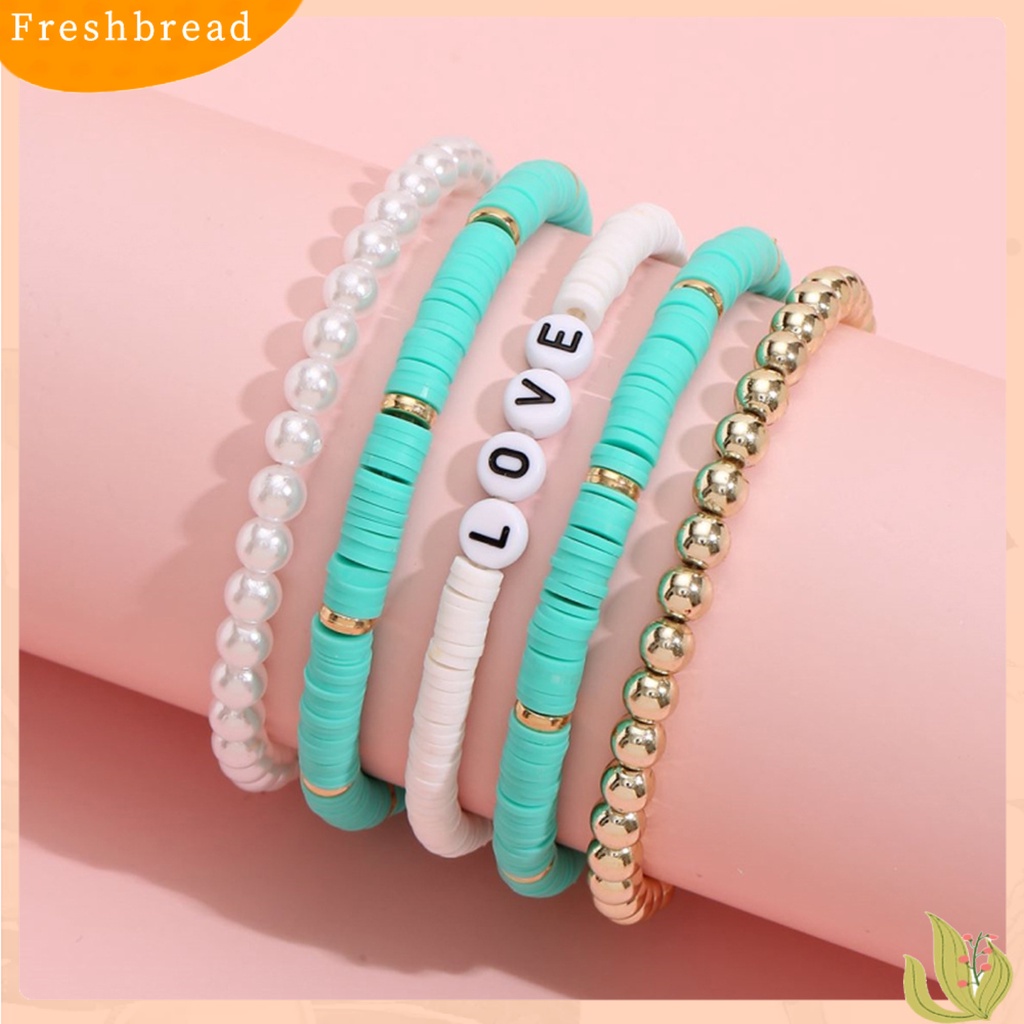 &lt; Freshbread &gt; 5Pcs Gelang Unisex Warna-Warni Bohemian Polymer Clay Love Huruf Mutiara Imitasi Gelang Untuk Pesta