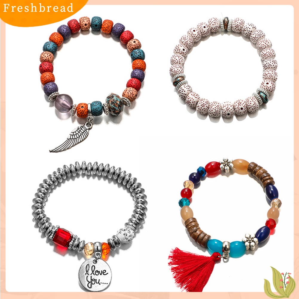 &lt; Freshbread &gt; 4Pcs/Set Gaya Bohemian Huruf Jumbai Bunga Manik-Manik Liontin Wanita Perhiasan