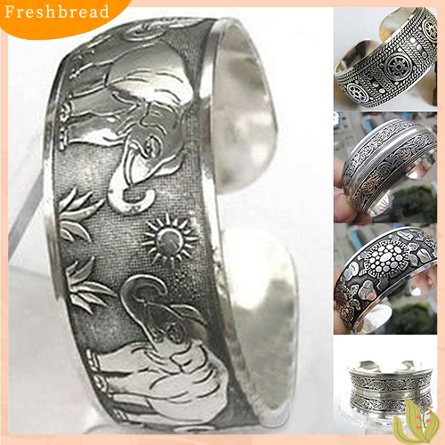 &lt; Freshbread &gt; Vintage Tibet Perak Gajah Diukir Terbuka Bangle Cuff Lebar Gelang Perhiasan