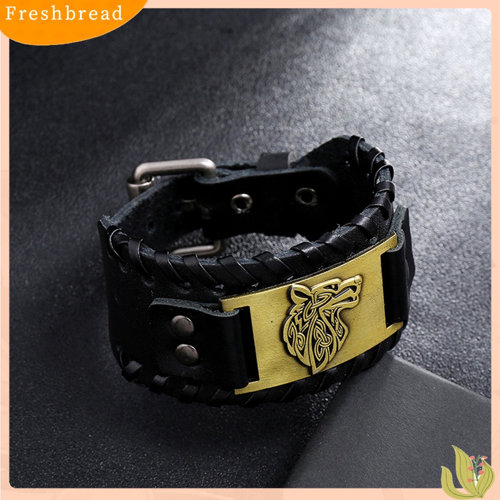 &lt; Freshbread &gt; Pria Bangle Lebar Yang Dapat Disesuaikan Dikepang Kulit Imitasi Hadiah Paduan Retro Hewan Kepala Manset Gelang Perhiasan Aksesoris