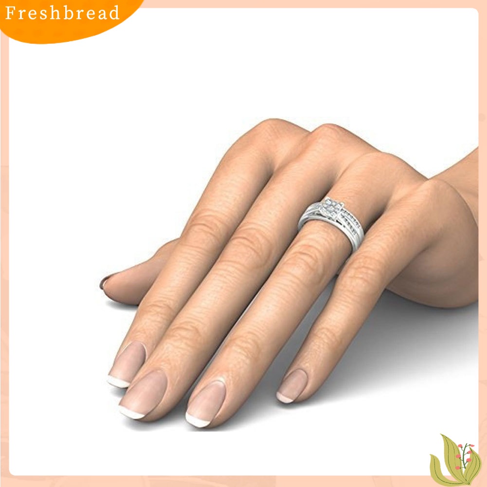 &lt; Freshbread &gt; Mewah Persegi Zirkon Lapisan Ganda Pertunangan Pengantin Cincin Perhiasan Jari Pernikahan