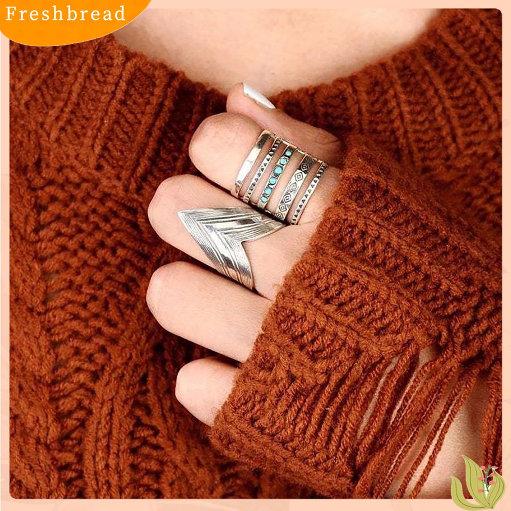 &lt; Freshbread &gt; Wanita Cincin Multilayer Lebar Pirus Dekorasi Simbol Pola Berongga Bohomia Bersama Cincin Perhiasan Aksesoris