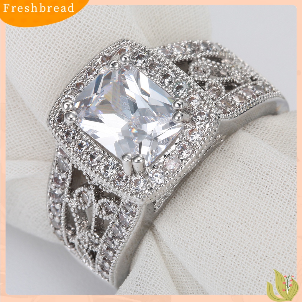 &lt; Freshbread &gt; Shiny Bright Luster Copper Women Ring Berongga Timbul Pola Bunga Cubic Zirconia Cincin Perhiasan Aksesoris