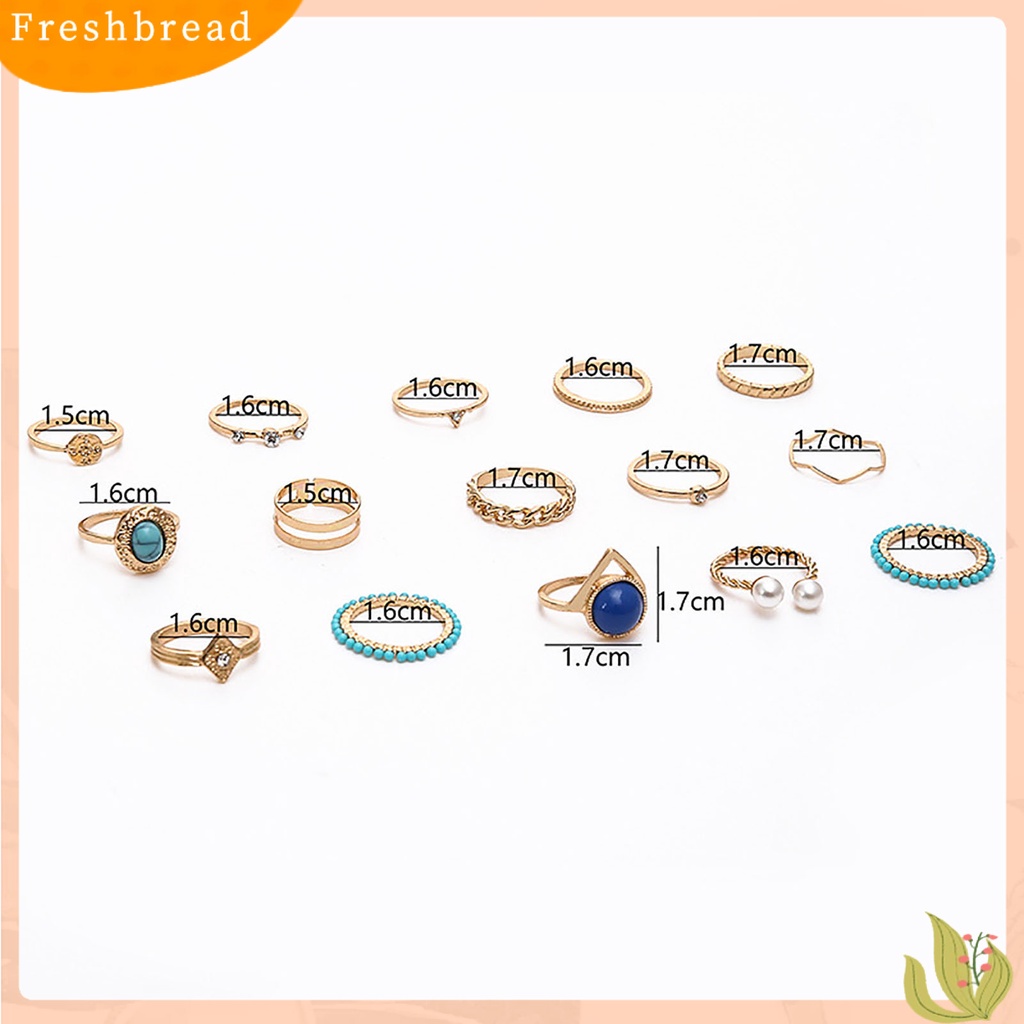 &lt; Freshbread &gt; 15 Pcs Turquoise Faux Pearls Decor Knuckle Rings Wanita Vintage Bersinar Jari Cincin Aksesoris Perhiasan