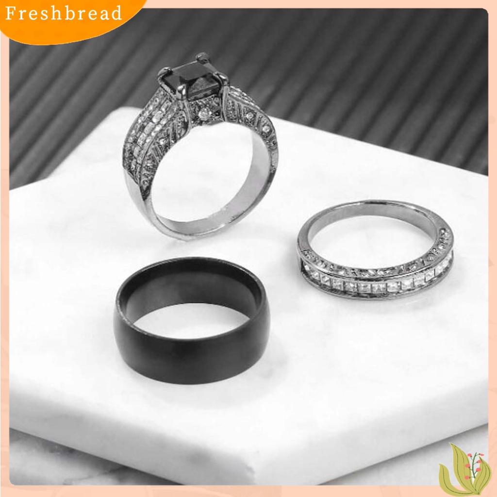 &lt; Freshbread &gt; 3Pcs/Set Cincin Pasangan Laporan Permukaan Halus Paduan Persegi Bertatahkan Cubic Zirconia Pernikahan Band Perhiasan Fashion