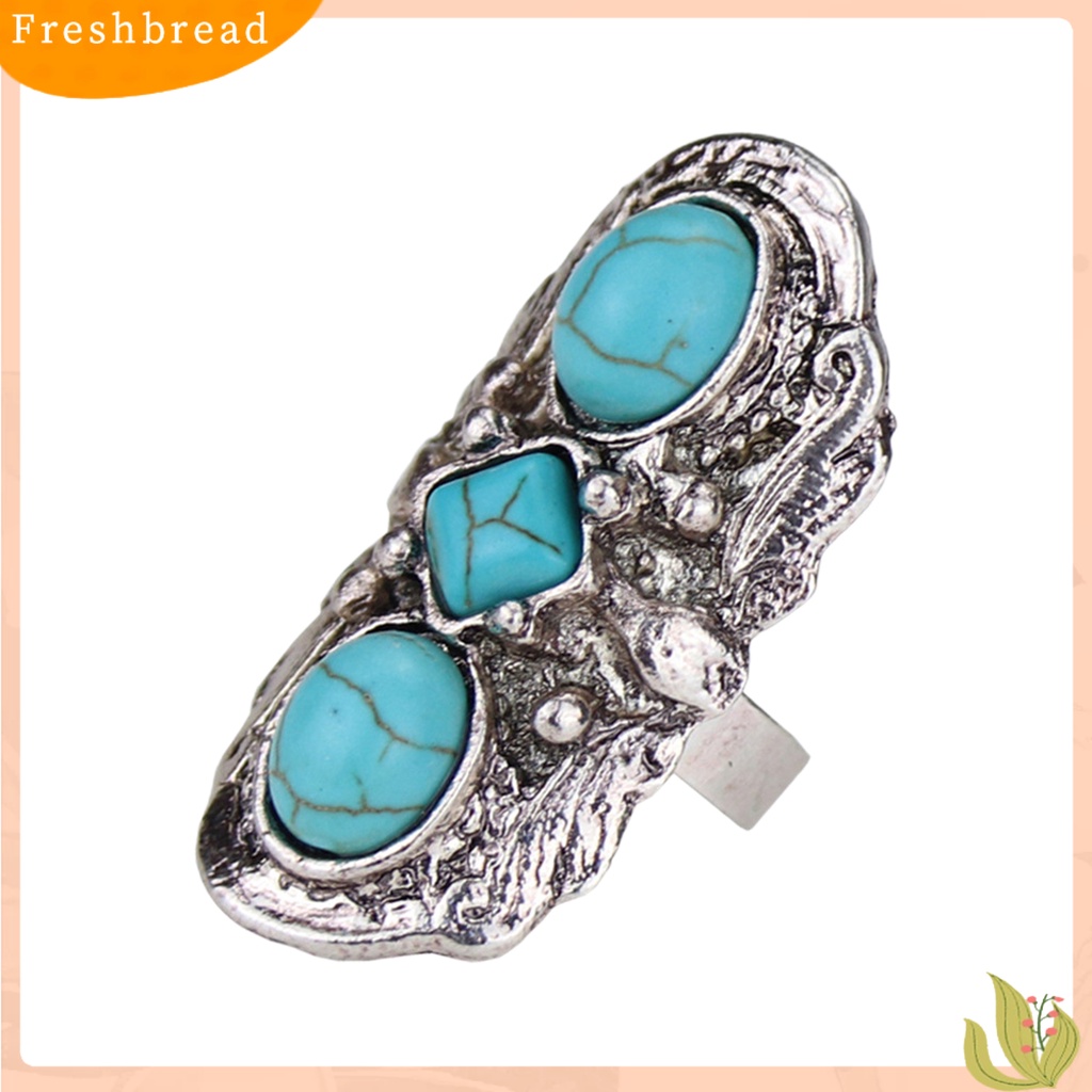 &lt; Freshbread &gt; Cincin Batu Gaya Bohemian Adjustable Batu Hijau Ukir Bunga Oval Opening Ring Untuk Pesta