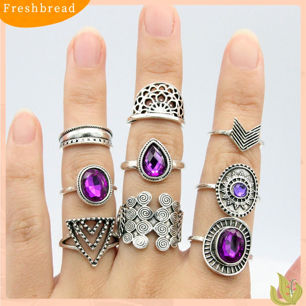 &lt; Freshbread &gt; 9Pcs/set Water Drop Stackable Knuckle Rings Alloy Bohemia Ungu Permata Imitasi Jari Rings Perhiasan Aksesori