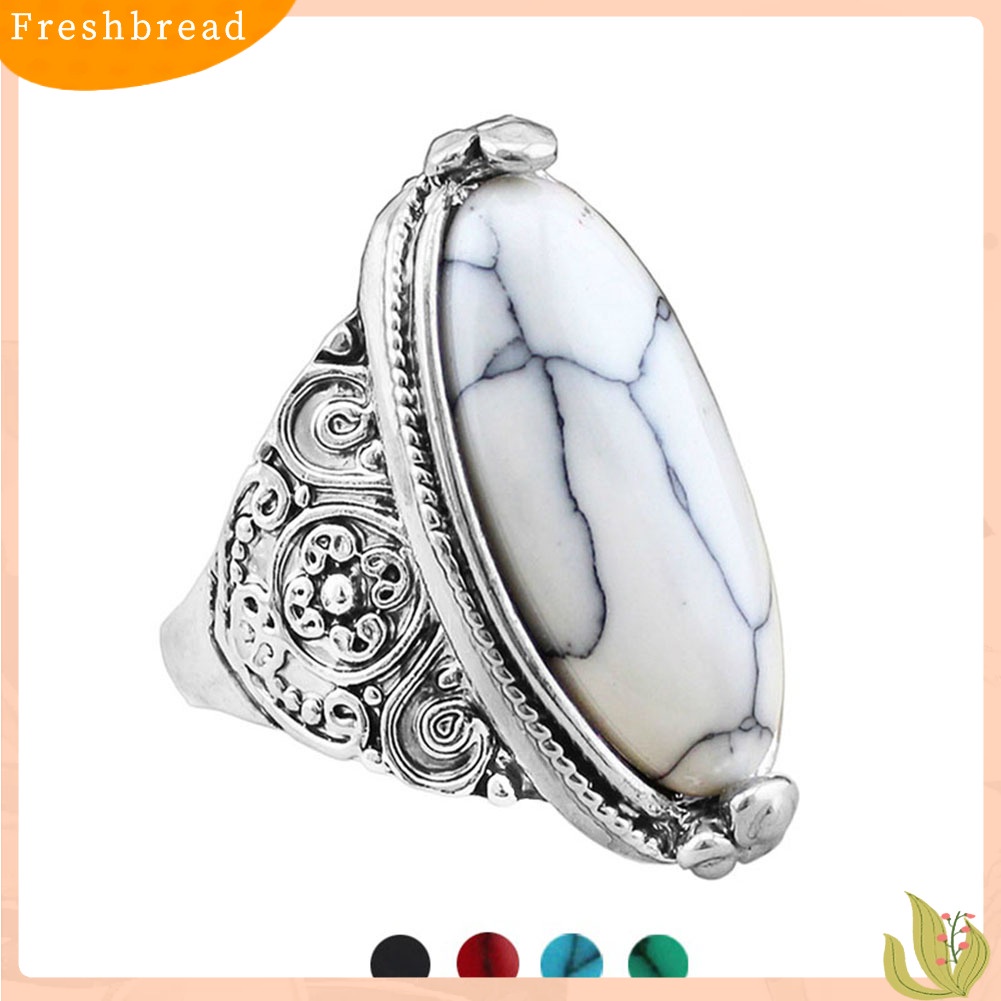 &lt; Freshbread &gt; Wanita Boho Vintage Oval Pirus Antik Perak Disepuh Ukir Cincin Perhiasan