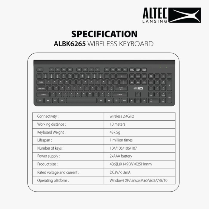 Altec Lansing Keyboard Wireless ALBK6265