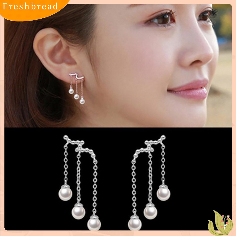 &lt; Freshbread &gt; Pesta Elegan Wanita Triple Rumbai Mutiara Imitasi Menjuntai Panjang Stud Earrings Jewelry