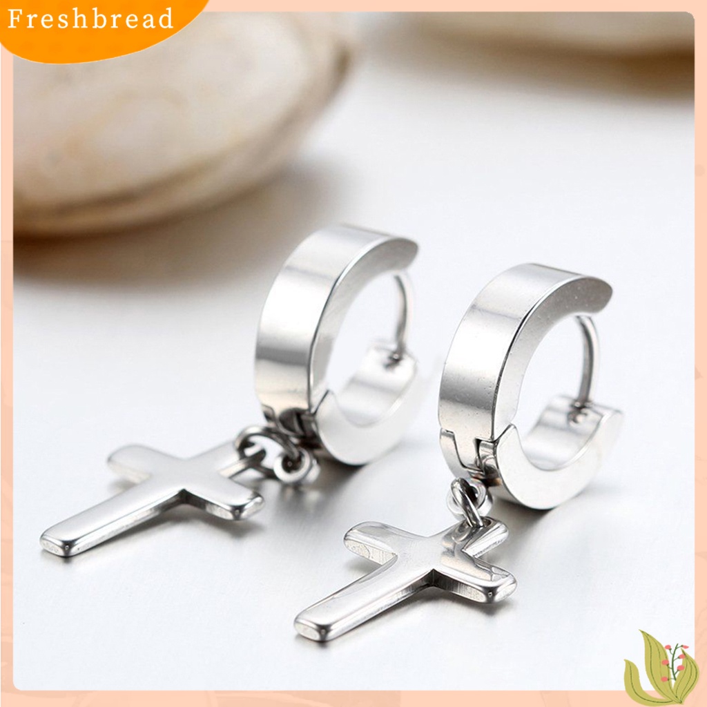 &lt; Freshbread &gt; 1pasang Ear Dangle Cross Pendant Anting Hoop Berengsel Huggie Stainless Steel Ramah Lingkungan Untuk Pria