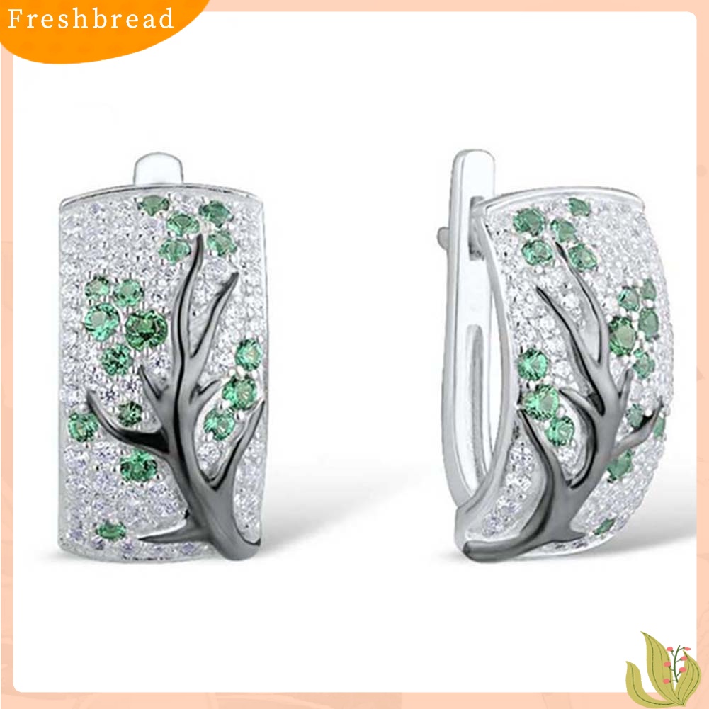 &lt; Freshbread &gt; Lady Shiny Plum Blossom Cabang Penuh Berlian Imitasi Bertatahkan Melengkung Anting-Anting Persegi Panjang