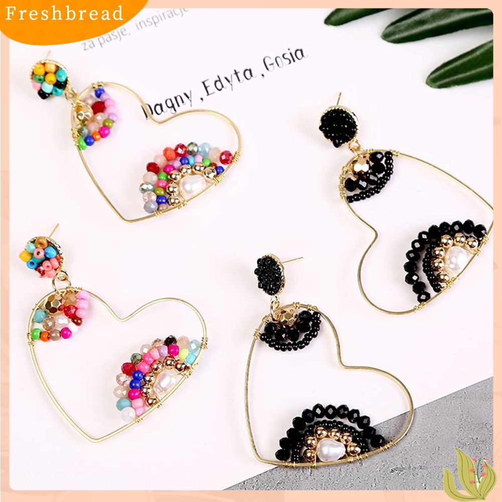 &lt; Freshbread &gt; Boho Wanita Manik-Manik Hati Besar Berongga Menjuntai Telinga Stud Anting Pesta Club Earrings