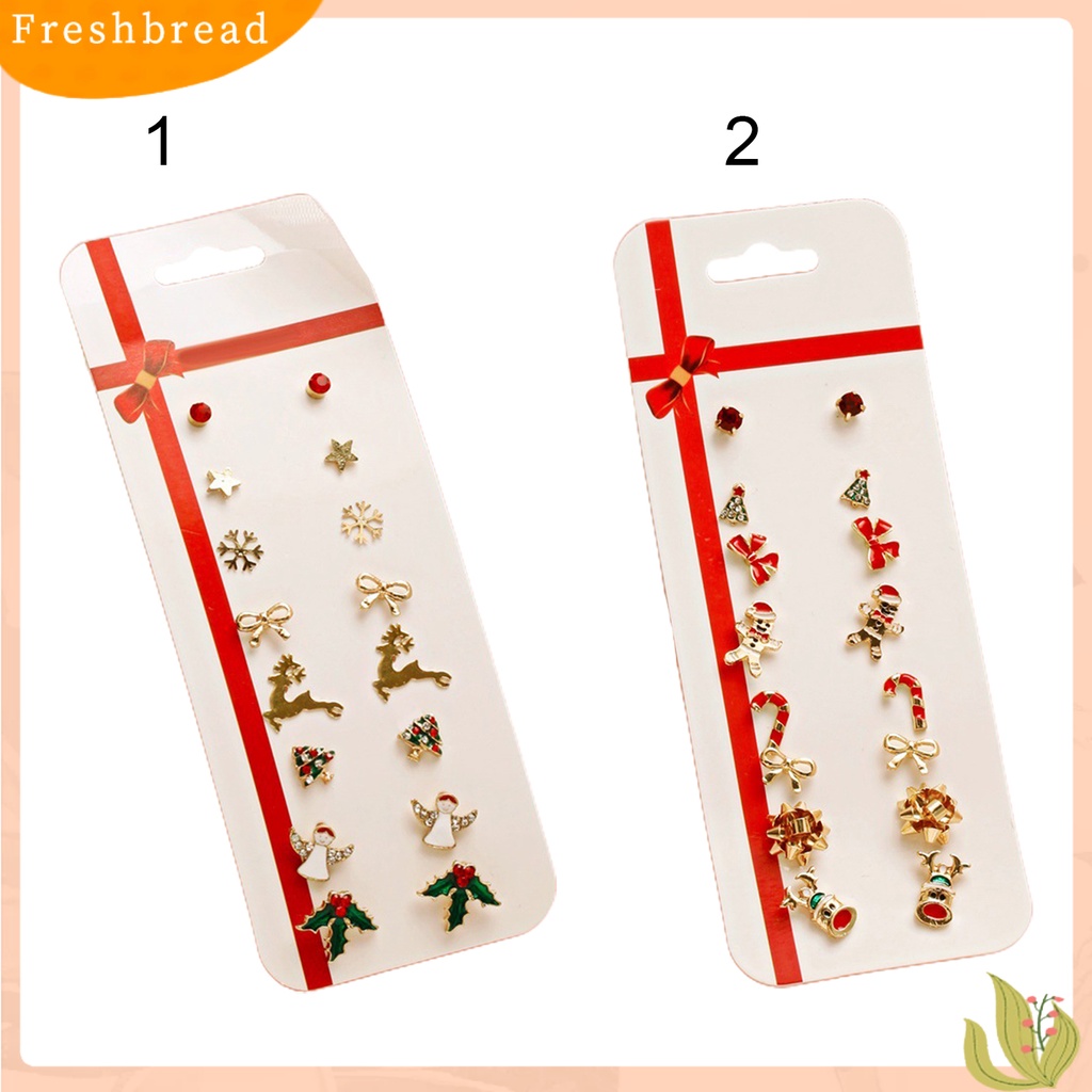 &lt; Freshbread &gt; 8pasang/Set Ikatan Simpul Berlian Imitasi Meriah Wanita Anting Pohon Natal Tebu Snowman Stud Earrings Klasik Perhiasan