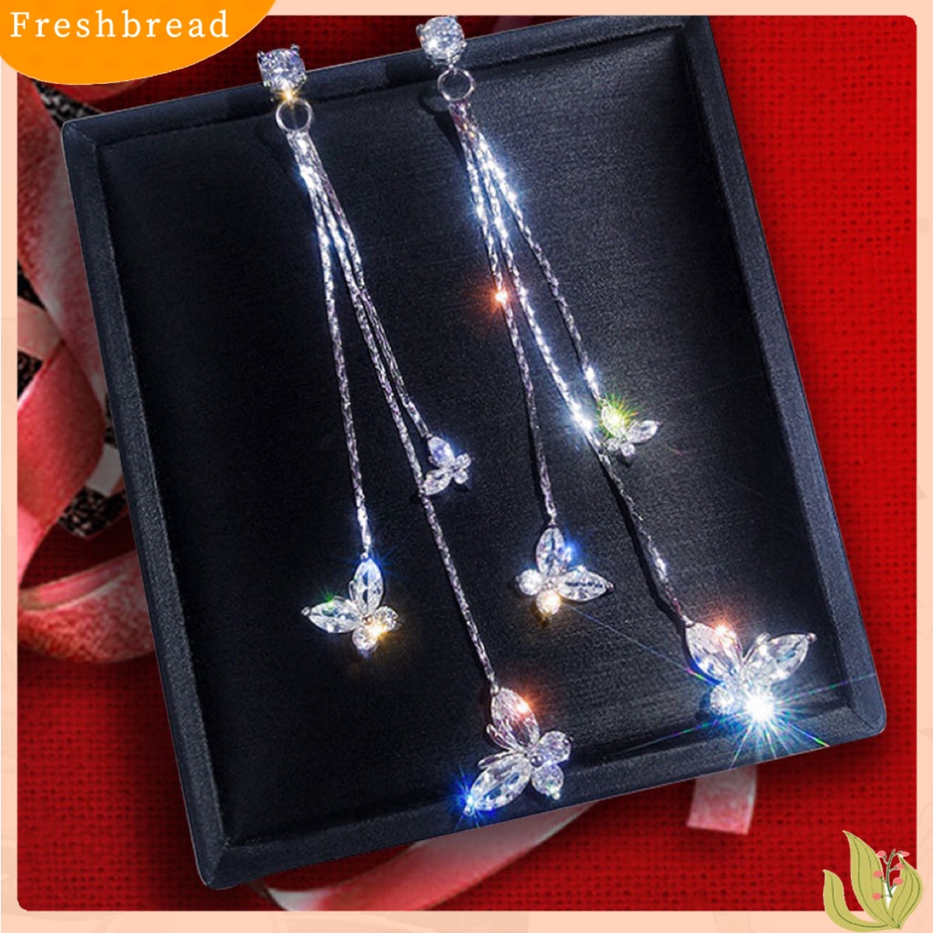 &lt; Freshbread &gt; 1pasang Wanita Linear Anting Gaya Bohemia Shiny Cubic Zirconia Rumbai Bentuk Kupu-Kupu Drop Earrings Perhiasan Pacaran