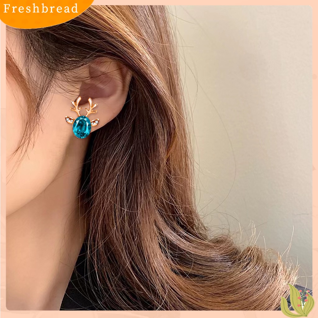 &lt; Freshbread &gt; 2Pcs Natal Ear Studs Boho Faux Gemstone Shiny Rhinestone Hias Festival Hadiah Xmas Tanduk Stud Anting Wanita Perhiasan Pesta Untuk Tahun Baru