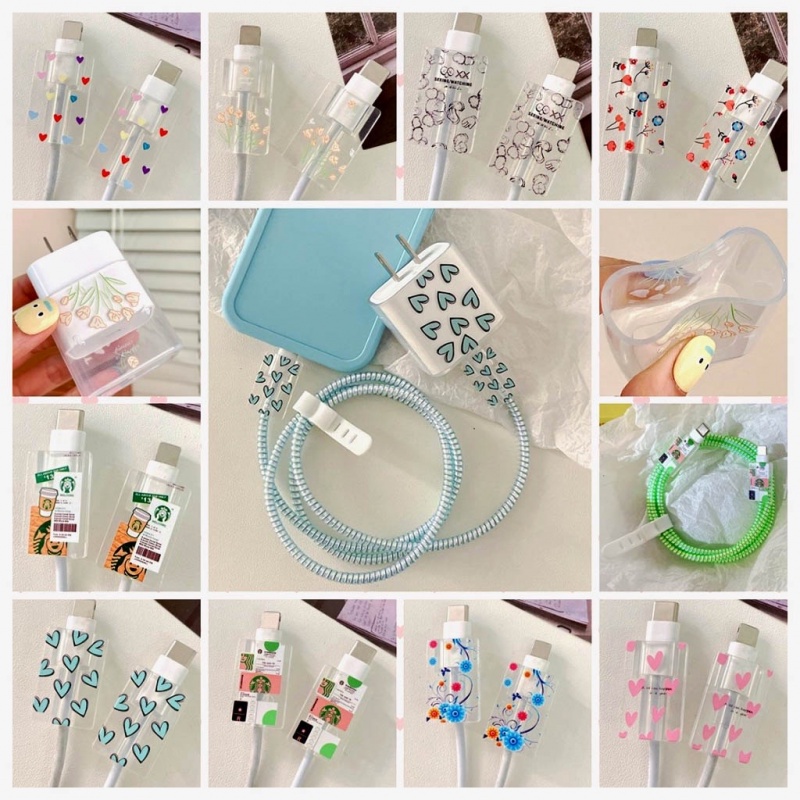 Charger Case Set Untuk iPhone 20W Pengisian Cepat Plug Soft Cover Jalur Kabel Love Bunga Bungkus Pelindung Data Line Cord Set Berliku Kawat Ikat Aksesoris