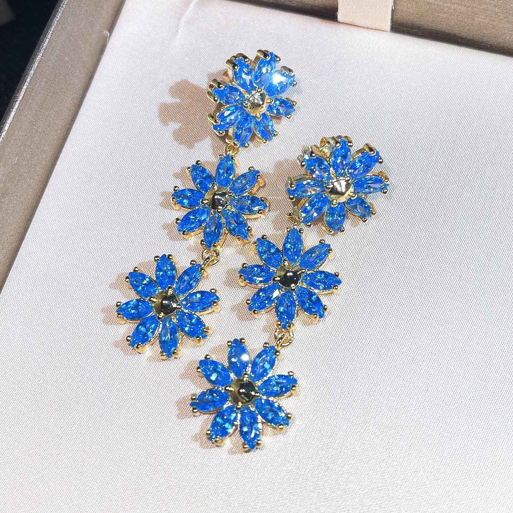 Goldkingdom Aksesoris Perhiasan Fashion Ready Stock Tiga Anting Bunga Kecil Manis Panjang Safir Anting Bunga Berlian Merah Muda Anting Bunga Matahari