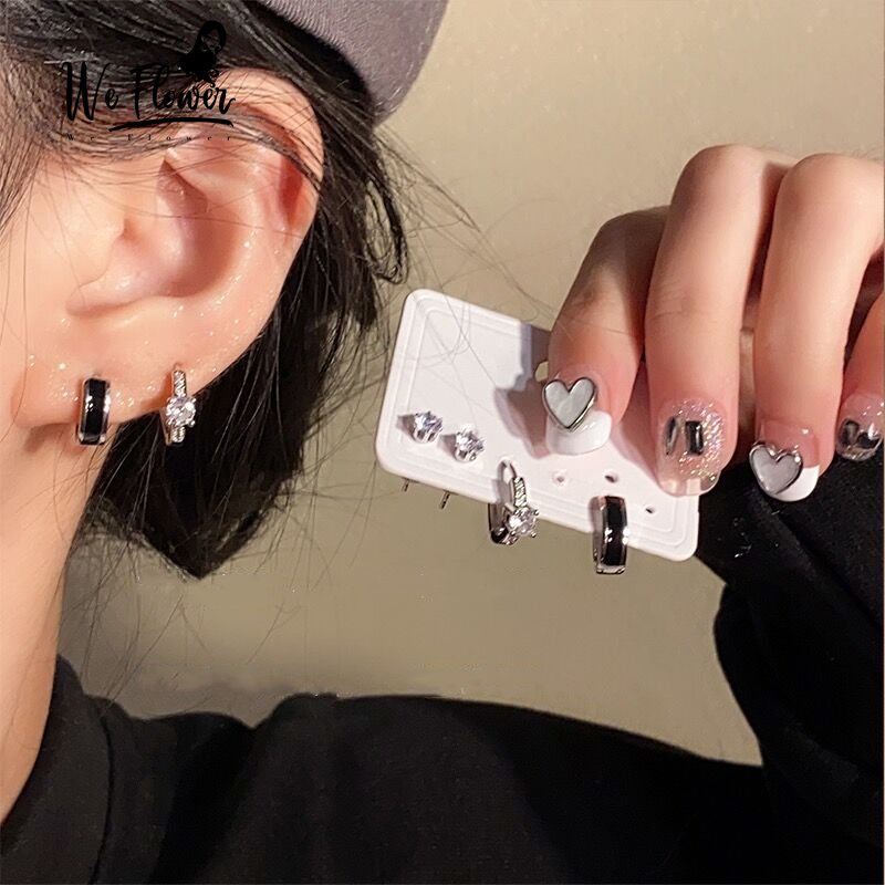 We Flower 6 Pcs Chic S925 Perak Bersinar Zirkon Hitam Hoop Anting Untuk Wanita Perempuan Trendi Y2K Lingkaran Bulat Anting-Anting Set Bebas Alergi Pakaian Sehari-Hari Telinga Perhiasan Aksesoris
