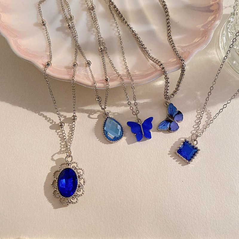 5pcs/set Ahellogirl Fashion Heart Butterfly Zircon Kalung Liontin Tetesan Air Untuk Wanita