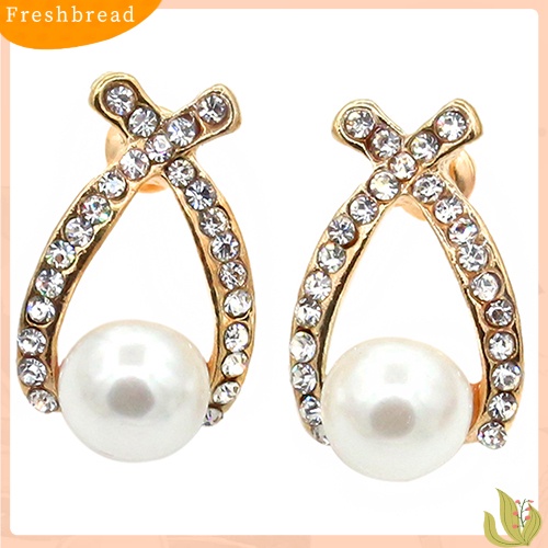 {In Stock} Women's Faux Pearl Ear Studs Earrings Cross Berlian Imitasi Hadiah Perhiasan Pernikahan