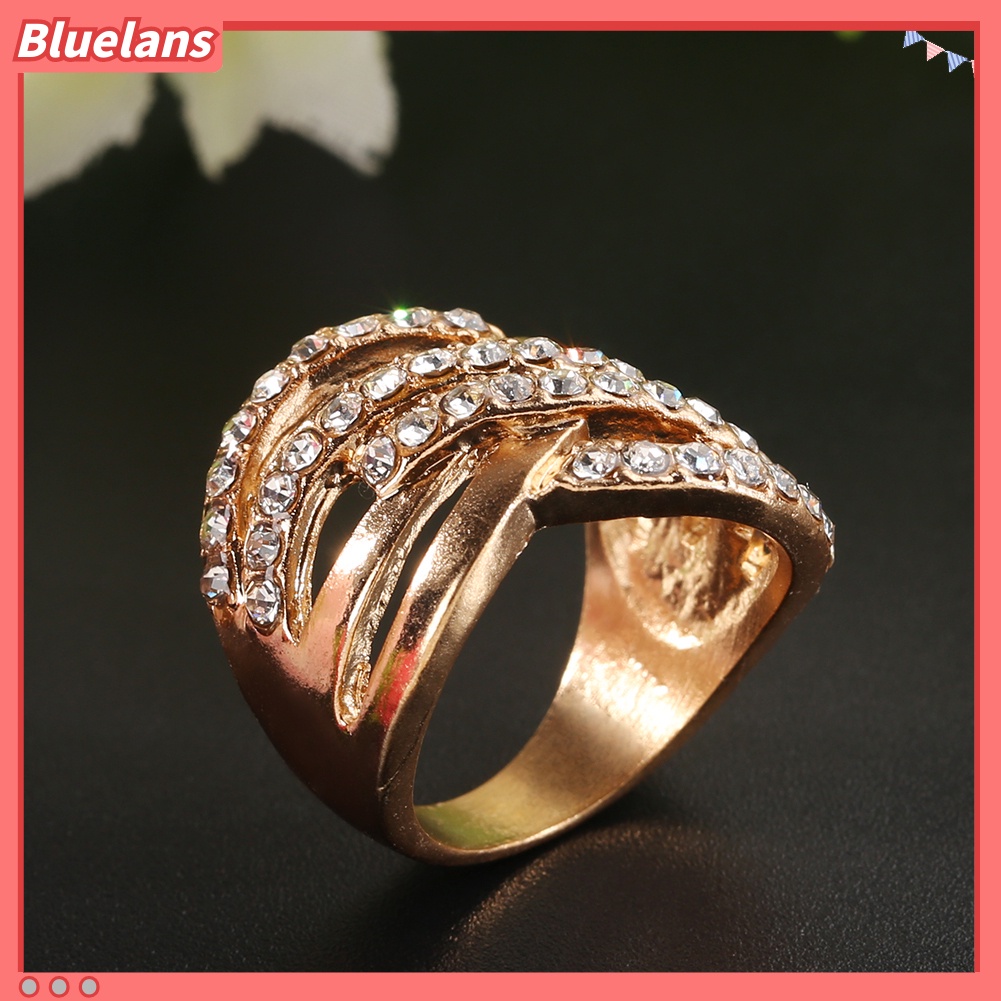 {In Stock} Mewah Berlapis Emas 9K Paduan Jari Band Berlian Imitasi Bertatahkan Cincin Perhiasan Hadiah